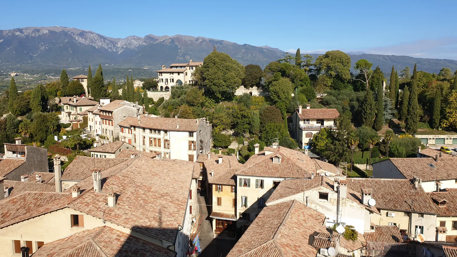 Rooftops of Asolo looking north, with villas among the trees and the mountains behind